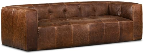POLY & BARK Capa 96.5 Sofa – Chocolate Brown Full-Grain Pure-Aniline Italian Leather, Boxy Modern Design, Feather-Fiber Cushions, Solid Wood Frame