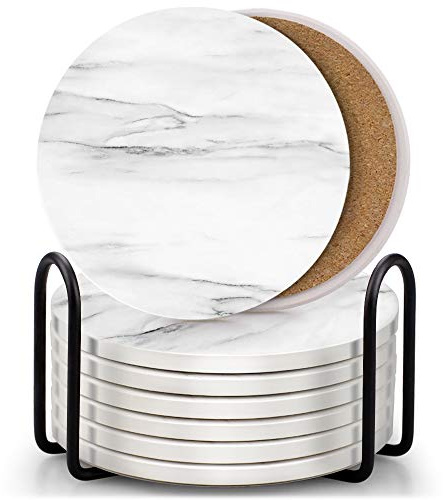 EAGMAK Lot de 8 Dessous de Verre absorbants en céramique Style marbre avec Support pour Table Basse en Bois, décoration d'intérieur (Blanc)
