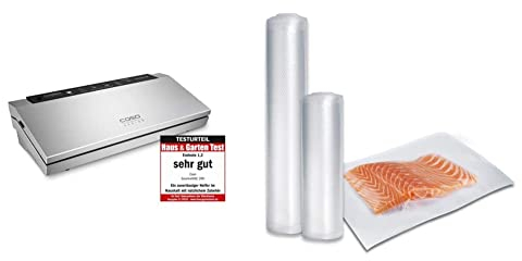 CASO 1385 GourmetVAC 280 - Vakuumierer - doppelte Schweißnaht & Schweißzeit- Inkl. 10 Beutel 20 x 30 cm & Profi- Vakuumfolien Set 1 / Folienbeutel: 50x 20x30cm, Folienrolle: 1x 20x600cm, 1x 30x600cm