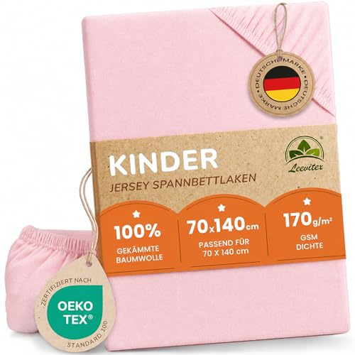 leevitex Premium Kinder Spannbettlaken, 70x140cm, Für Babybett & Kinderbett, 1er Set, 100% hochwertige Mako-Jersey-Baumwolle, Öko Tex Zertifiziert, Rosa
