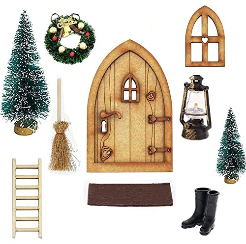 GALER 1:12 Wichteltür Weihnachten Set Miniatur Wichtel Set Wichtel Tür Nissedor mit Zubehör Stiefel Laterne Weihnachtsbaum Dekokranz Holzleiter Wichtelbesen Verzierungen für Weihnachten (10 Stück)