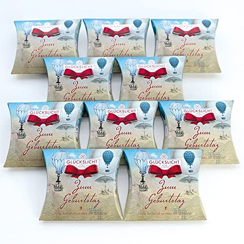 Glückslicht in der Geschenkbox mit der ausgestanzten roten Schleife | Vintage | Zum Geburtstag | Mit fliegenden Heißluftballons in den Wolken | 10er-Set
