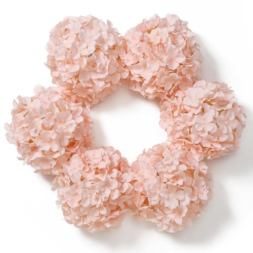 DuHouse Artificial Bigger Silk Hydrangea Flower Heads with Stem Realistic Fake Hydrangea Flower Bouquets for Wedding Home Party Garden Centerpiece Pack of 6(Blush)