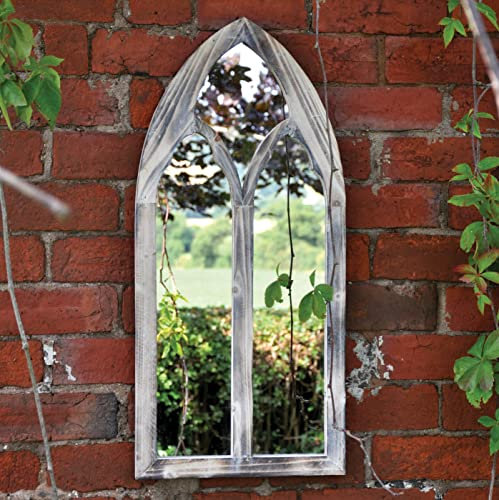 MAISONICA 75cm Gothic Style White Distressed Garden Mirror - Indoor/Outdoor Use