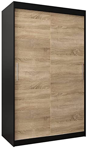MEBLE KRYSPOL Tokyo 120 Kleiderschrank mit Zwei Schiebetüren für Schlafzimmer – moderner Aufbewahrungsschrank mit Kleiderstange und Regalen – 120x200x62cm - Mattschwarz + Sonoma