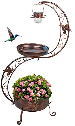 VEWOGARDEN S Fågelbad för utomhus metall stående fågelbad med sollampa vintage trädgård fågelbad med blomplanterare piedestal (91 cm H x 49 cm B)