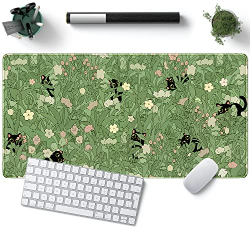 Grön skrivbordsmatta XL katt söt växt cool skrivbordsdyna tangentbordsmatta Kawaii svart katt blomma musmatta grön skrivbordsmatta skrivbordsdekor med sydda kanter halkfri stor datormatta 80 x 39,9 cm