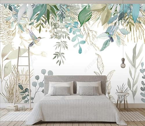 XLMING Handgezeichnete Kleine Frische Tropische Pflanzen Blätter Blumen Vögel 3D Tapete Home Esszimmer Dekor Kleister Sofa Wohnzimmer Die Wand Für Schlafzimmer Fototapete-350cm×256cm
