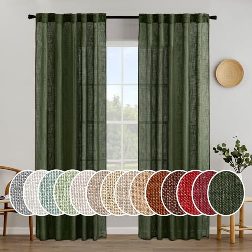 MIULEE Olive Green Linen Curtains 84 Inch Length for Bedroom Living Room, Soft Thick Linen Textured Window Drapes Semi Sheer Light Filtering Back Tab Rod Pocket Burlap Look Christmas Decor, 2 Panels