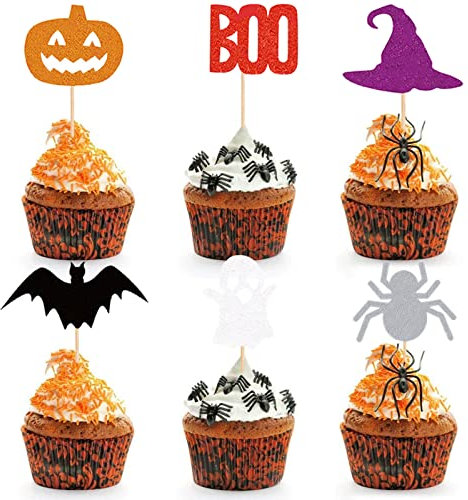 UXYOKM 24Pcs Halloween Cupcake Toppers Pumpkin Witch Hat Ghost Spider Bats Boo Cupcake Picks Halloween Themed Party Baby Shower Birthday Cake Decorations Supplies