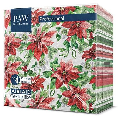 PAW Serviette de Table - Airlaid (40 x 40 cm) I Lot de 50 I Noël, Hiver, Vacances, Poinsettia I Décoration de Table Idéale pour Noël I Structure en Tissu I Color: Glory Poinsettia