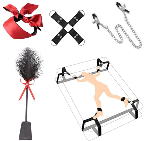BDSM Bondageset Fessel Set,2023-Neu Handschellen Sex Bett(4-Ecken),BDSMs Spielzeug Hart,Fesseln Sex Set,Nippelklemmen Brustwarzen,Augenbinde Sex Bett,Bettfesseln,SM Sexspielzeug extreme Paare