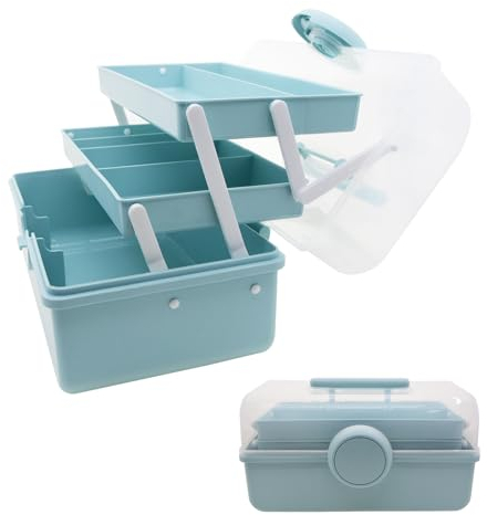Toolzia 12in 3 Layer Multipurpose Storage Box/Craft Storage Boxes With Compartments/Plastic Tool Box/Medicine Storage Box/Hair Accessories Organiser/Sewing Box with 2 Trays (Large Blue)