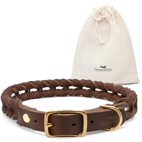 FREUDENTIER Hundehalsband geflochten aus Leder - Handmade in Holland - AlsterTwist Kollektion aus 100% Fettleder (46cm – 52cm Halsumfang, Chocolate)
