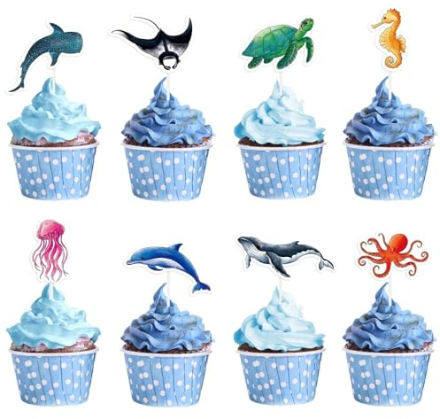 WERNNSAI 32 Stk Ozean Tortendeko, Meerestiere Cupcake Topper Geburtstag | Unter Dem Meer Tortendeko Set, Shark Hai Muffin Deko, Meerestiere Cupcake Deko, Geburtstagsdeko Kuchendekoration Blau
