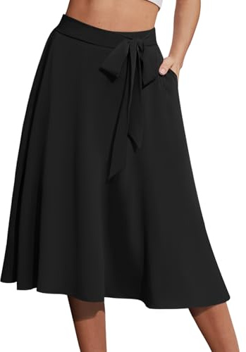 Yincro Women's A-Line Midi Skirt with Pockets High Waist Flared Below The Knee Skirts (Black, 2XL)