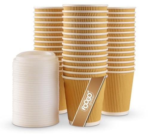 FOOGO Green 25pcs 10oz Disposable Strong Triple-Wall Brown Paper Coffee Cups with Secure Lids, FSC® Certified, Fully Compostable, for Hot Drinks, Takeaway and Parties
