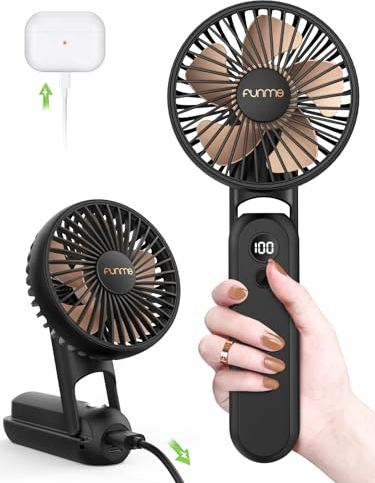 Funme® 3 IN 1 HandHeld Fan Exquisite, 5000 battery Power Bank Hand Fans, Flashlight 5 speed LED Display, Portable Powerful Rechargeable Battery Fans for Girls Gift, Travel Fan Accessories for Women