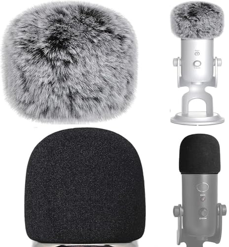 VIZEMO 2 microfoni antivento in schiuma per microfono con rivestimento peloso, filtro anti-pop per microfono Blue Yeti, Blue Yeti Pro USB (confezione da 2) (Fuzzy-Black White + Black Foam)