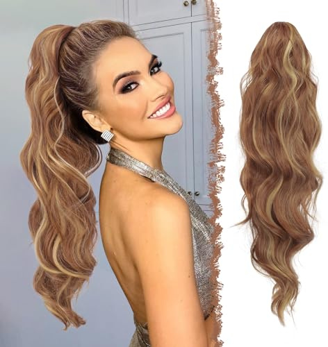 FESHFEN Extension Coda Capelli Lunga Castano e Biondo Posticci per Capelli Ondulati Ricci Coda Cavallo Capelli Extensions Finta per Donne, 60 cm