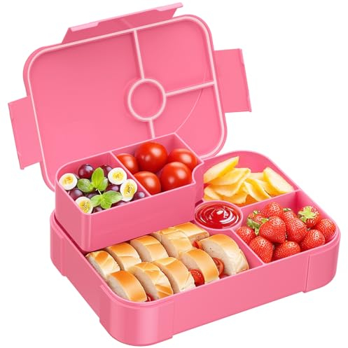 LEIKEEGO Lunch Box, Leak-Proof Bento Lunch Box Kids, Snack Box with 6 Compartment for Kids/Adults/School/Work(Pink)