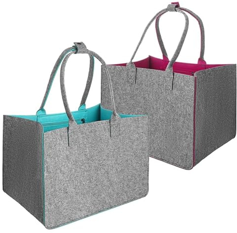 Lvefyti Filz Einkaufstasche groß 2 Stück, Filztaschen Shopper mit Henkel 40x27x27cm Faltbare Kaminholztasche Tragetasche Einkaufskorb Zeitungskorb Kleiderkorb Spielzeugtasche(Türkis/Rosa)