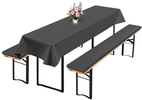 2er-Pack Bierbankauflagen(gepolstert) und 1er-Pack Tischdecke Bierzeltgarnitur, 220 x 25 x 3cm XL Bierzeltgarnitur Auflage und 250 x 100cm Biertisch Tischdecke für Party(grau, wasserdicht)