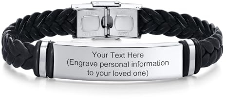 Personalised Leather Bracelet for Men Boy - Free Engraving Stainless Steel Nameplated Braided Leather Wrap Bracelets For Men Boy Brother Friend, Gifts For Birthday Father's Day Christmas Graduation