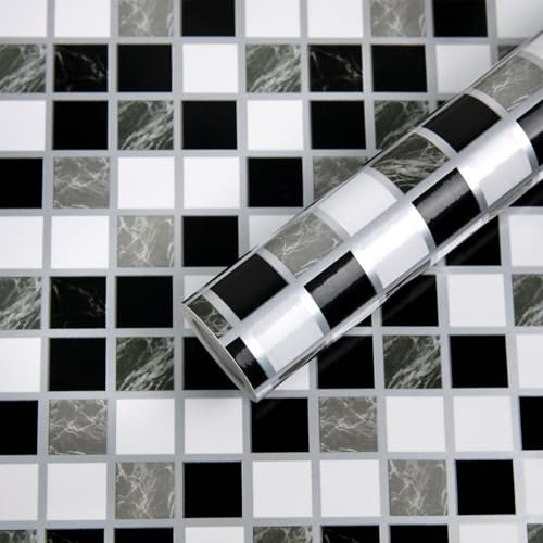 Fantasnight Mosaik Fliesen Aufkleber Schwarz Weiß Marmor 44 x 300 cm | und Fliesen Kleber Wasserdicht Klebefolie für Küche und Badezimmer