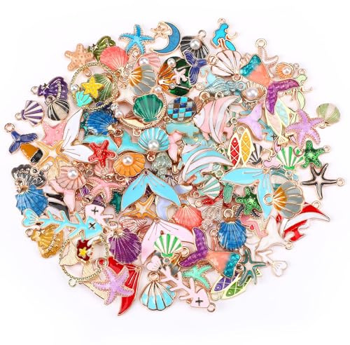 AUGSUN 120Pcs Breloques Creation Bijoux Breloque Acier Inoxydable, Charms pour Bracelet Collier Thème d’Océan Etoile de Mer Coquille Sirène pour DIY Collier Bracelet Boucles d’Oreilles