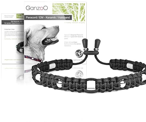 Ganzoo EM Keramik Hunde-Halsband/Paracord 550 Halsband mit Zier-Perlen und EM Tubes/EM Pipes/Größe L 52-64 cm/Dog Collar/verstellbar mit Kordelstopper/Farbe Tiefschwarz