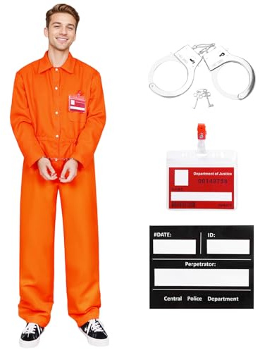Ficlwigkis Gefängnis Kostüm Häftling Kostüm Herren Sträfling Kostüm Herren Prisoner Orangener Overall Orange Gefangener Kostüm Herren karneval Kostüm Herren (Orange, XXL)