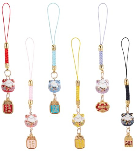 WEBEEDY 6 Stile Glücks Katzen Schlüsselanhänger Japanische Maneki Neko Glücksanhänger Mit Metallanhängern Und Buntem Seil Für Schlüsselanhänger Handy Ornamente 12.5cm