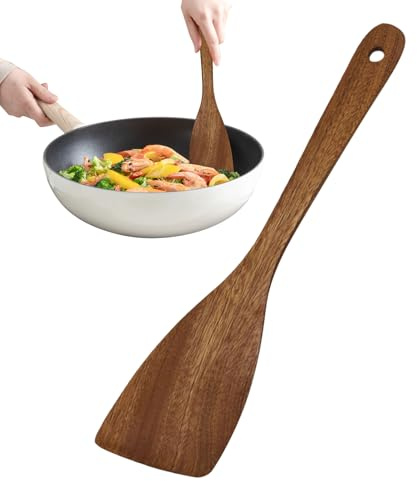 Spatule en bois – Ustensiles de cuisine en teck naturel, spatule plate résistante à la chaleur pour la cuisine | Outil de poêle anti-adhésif Durablle avec poignée lisse, cuillère de cuisine écologique