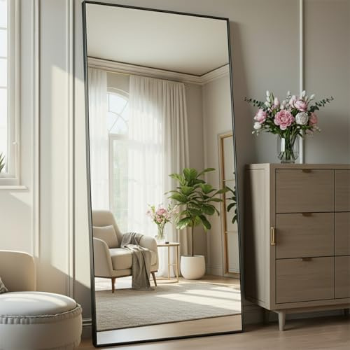 Aplancee Ganzkörperspiegel 190x85 cm, Standspiegel, Wandspiegel, Schwarz | Zum Anlehnen oder Aufhängen: Großer rechteckiger HD-Spiegel mit Metallrahmen für Flur, Schlafzimmer und Wohnzimmer