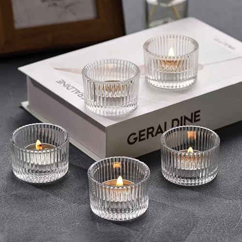 KBIBCK Clear Tea Light Candle Holders Set,12PCS Tealight Holders, 5 cm x 3.5 cm, Mini Vintage Striped Candle Holders, Votive Candle Holder for Wedding, Birthday Party, Living Room, Home Décor