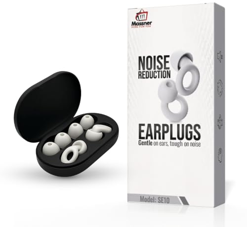 MASSNER Noise Reduction Ear Plugs for Sleep & Focus – White Soft Silicone Reusable Earplugs with Multiple Ear Tips & Carry Case, Comfortable for Sleeping, Travel & Daily Use