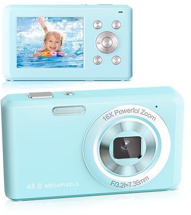 Appareil Photo Numérique, HD 1080P avec Carte Mémoire 32 Go, Appareil Photo 48 Mégapixels, écran LCD 2,4 Pouces, Zoom Numérique 16x pour Les Enfants, Les Filles, Les Adolescents(Bleu)