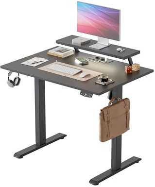 Agilestic Höhenverstellbarer Schreibtisch mit flexiblem Monitorständer | Schreibtisch elektrisch 100 x 60 cm, LED-Lichtleiste, USB-Steckdose, 2 Speicherplätze, für Homeoffice, Schwarz