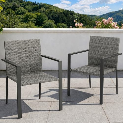 UDPATIO Gartenstühle Stapelbar 2er Set, Gartenstuhl Hochlehner aus Polyrattan, Rattan Stühle, Stapelstühle Wetterfest, Balkonstuhl Metall, Terrassenstühle für Garten, Outdoor, Grau
