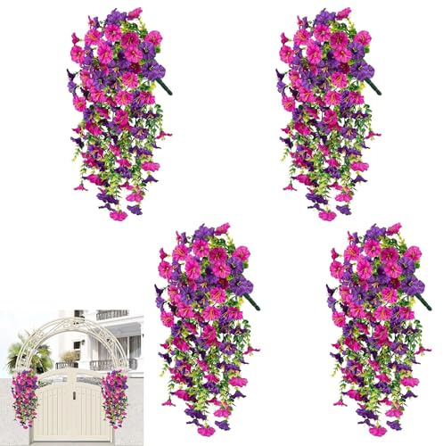 WLHFDC 4 Stück Künstliche Hängepflanzen,Petunie Seidenblumen 75cm,Künstliche Balkonpflanzen,Kunstblumen für Draußen Wie Echt und UV-beständig Wetterfest für Haus Garten Balkon(Lila)