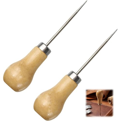 2 PCS Bradawl Tool, Wooden Handle Awl for Wood Leather Sewing Sharp Steel Point Hole Punch Tool for Carpentry Leather Craft DIY Marking Piercing Tool Set for Home Workshop Usev