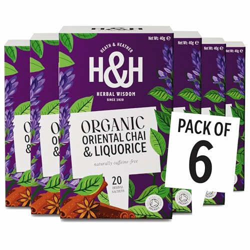 Heath & Heather • Organic Oriental Chai & Liquorice Tea • 6 x 20 Boxes | Organic Oriental Chai & Liquorice Tea • Spiced Herbal Tea • Caffeine-Free • 6 x 20 Boxes