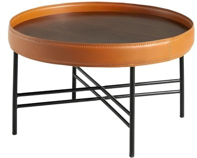 Angel Cerdá – Table Basse Design avec Plateau en Cuir de Vachette Cognac et Bois de Noyer Naturel | Table Basse Ronde Contemporaine et Élégante | Pieds Acier Foncé | Idéale pour Salon | Ø62 x 35 cm