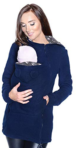 MijaCulture Maternity Fleece Caldo Pile con Cappuccio / Pullover per Due / per marsupi 3073A (XXL, Blu Navy / Uccelli)