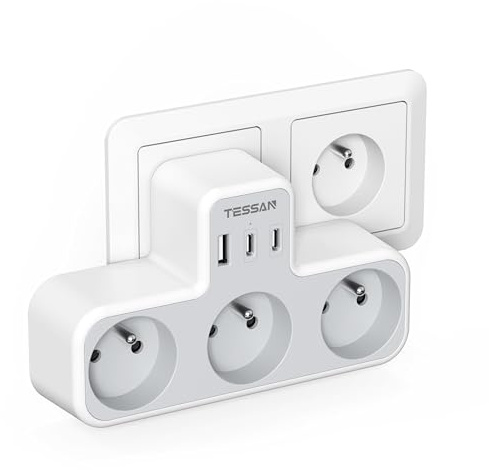 TESSAN multiuttag, 3-vägguttag och 3 USB-portar, 6-i-1 elektrisk USB-kontakt, USB-nätkontakt för hemmet, kontoret eller resan. Kompatibel med telefon, bärbar
