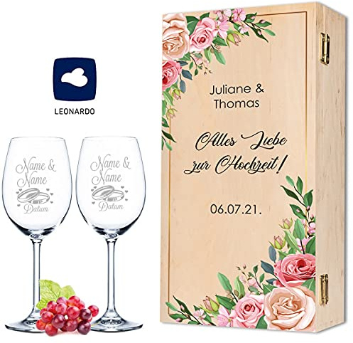 GRAVURZEILE Leonardo Weingläser mit Gravur - Pink Roses Design - Personalisiert mit Namen & Datum inkl. Holzkiste - Geschenk zur Hochzeit Verlobung Jahrestag - Farbe: Kleine Kiste UV