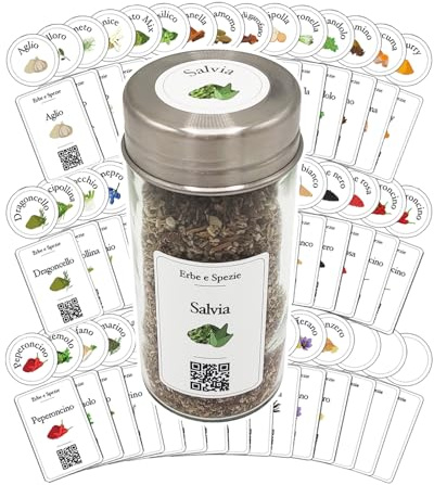 90 etiquetas adhesivas frascos hierbas y especias en italiano, con ilustraciones, elegantes, de material impermeable, lavable, con código QR para recetas e información