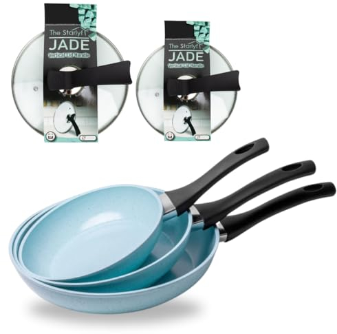 Set Padella Antiaderente STARLYF JADE PAN, 5-PIECE SET, 3 padelle + 2 coperchi di vetro, Superfici Antiaderenti, Rivestimento Antigraffio, Cucina sana con libretto di ricette gratuito (SET)