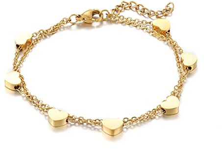 HSWYFCJY Rosegold/Gold/Silber Damen Armband mit Herz Anhängern,Layered Doppelt Kette Armkette Edelstahl Armband für Frauen